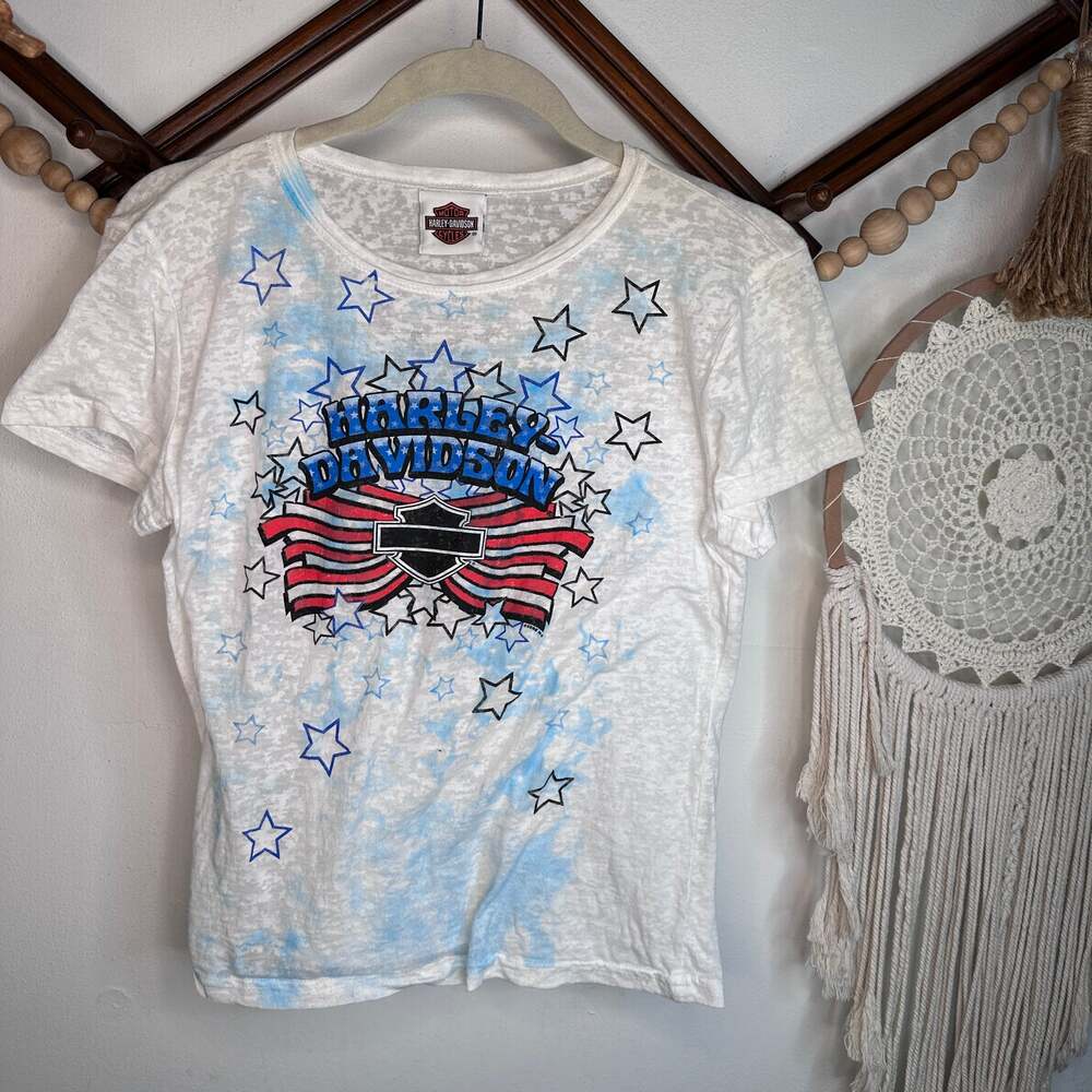 Harley Davidson White Patriotic Burnout Graphic T